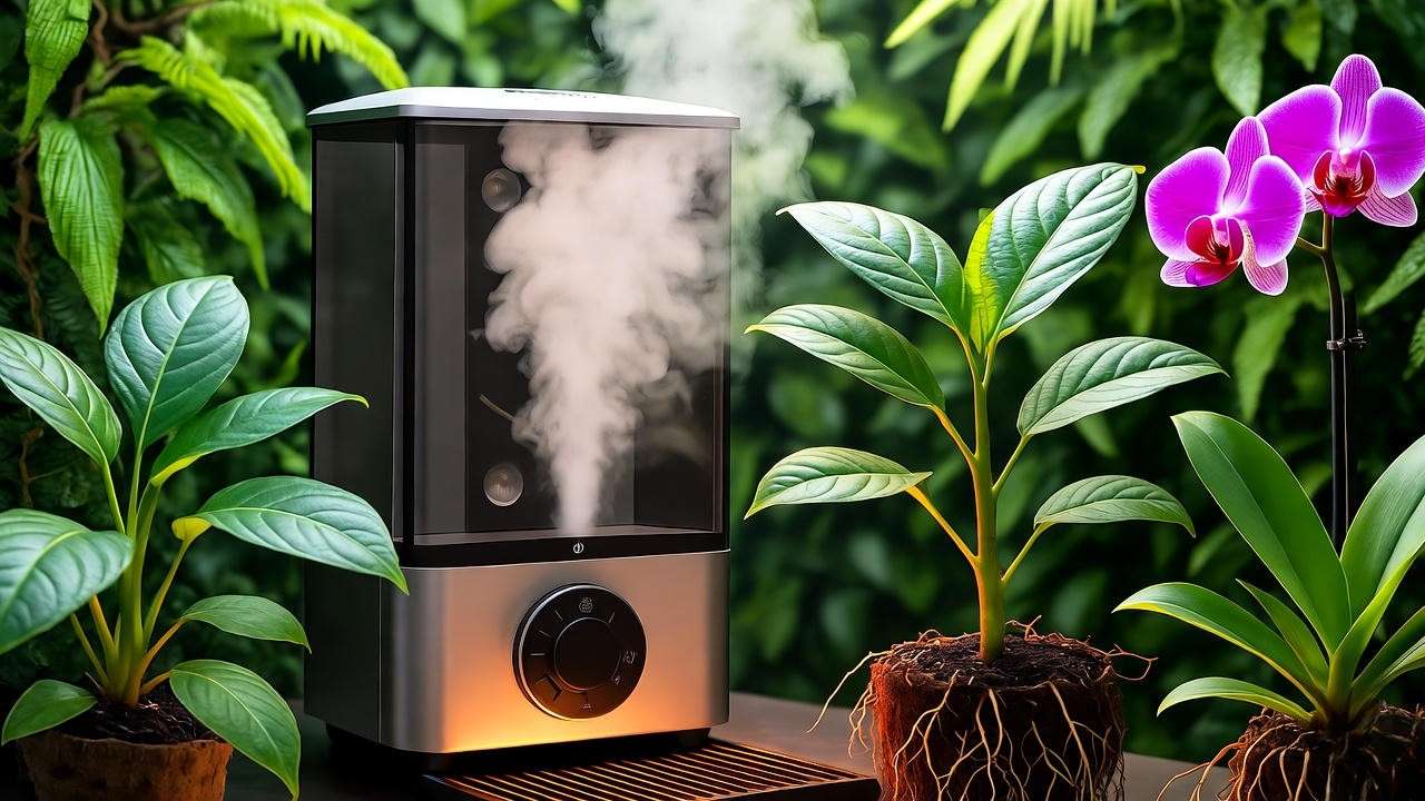 Indoor tropical microclimate with ibogaine plants, humidifier, heat mat, and orchids."