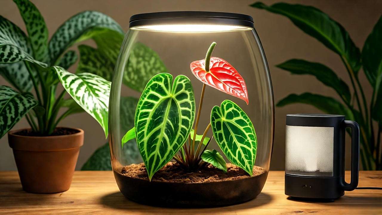 Tropical microclimate with terrarium and grow light for aroid plants."