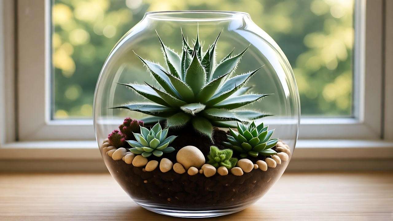 Indoor setup with mountain rose plant in terrarium near window, bright indirect light."