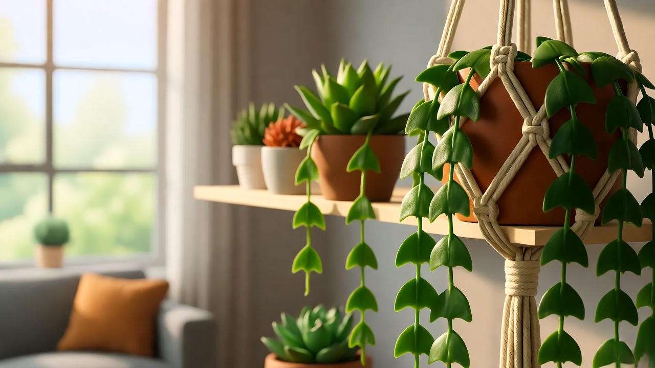 "String of dolphins plant in macramé hanger with succulents on shelf in modern living room".