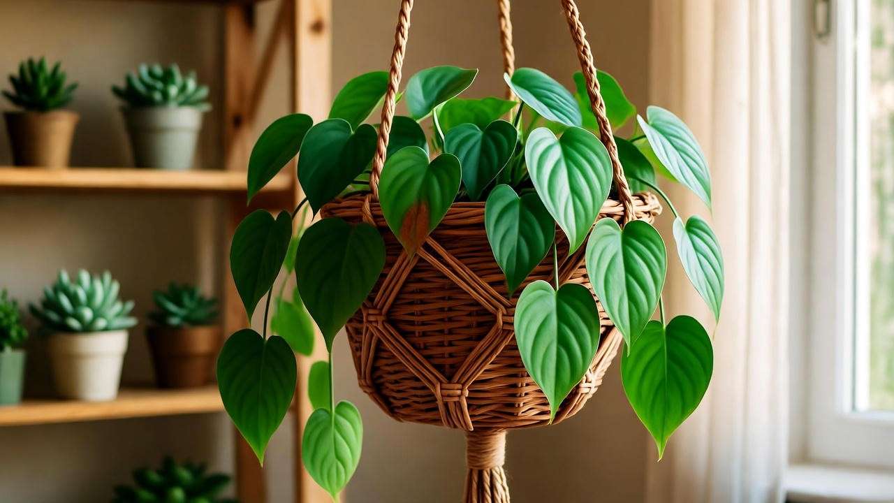 Stylish broken heart plant in macramé basket on boho-chic shelf with succulents."