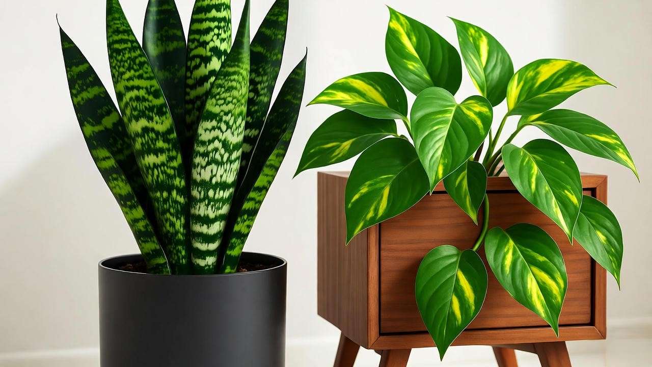 Stylish Black Dragon Plant with Golden Pothos on a mid-century plant stand."