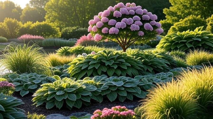Pink Diamond Hydrangea Tree as a focal point in a landscaped garden with hostas and grasses."