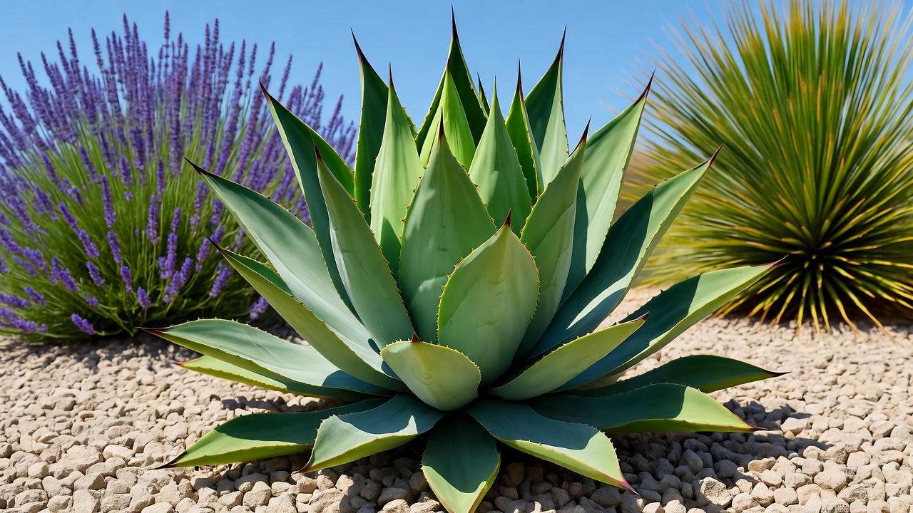 Artichoke agave in a drought-tolerant xeriscape garden with lavender and yucca plants.