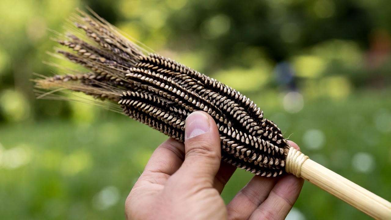 Hand holding a DIY broom made from broom corn seed heads with a rustic handle in a garden setting.