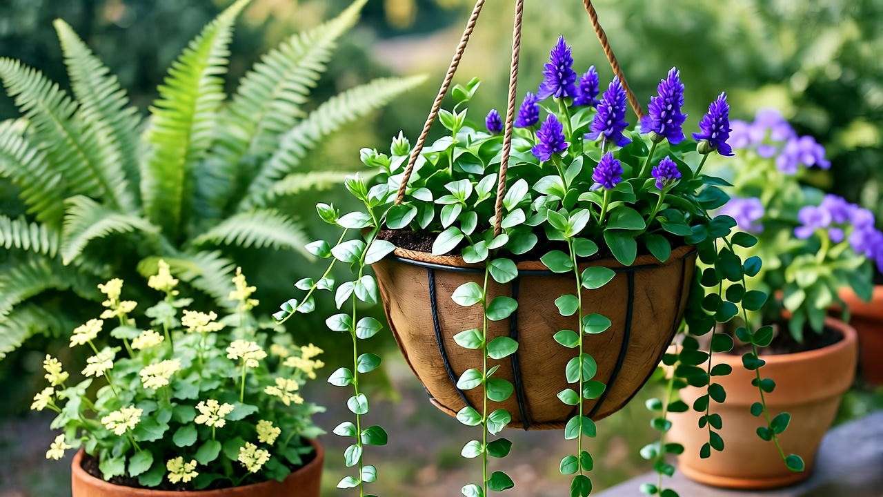 Creeping myrtle in a hanging basket with trailing purple flowers and green foliage.