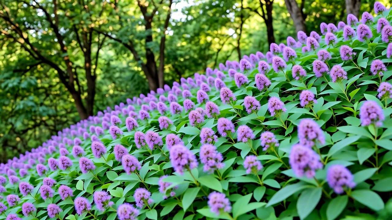 Creeping myrtle ground cover on a shaded slope with purple flowers for erosion control.