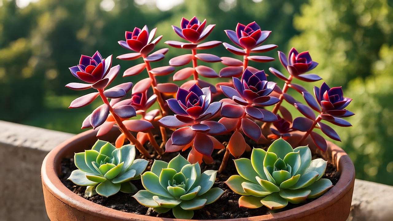 Dragon’s Blood Sedum in a terracotta pot with other succulents on a patio."