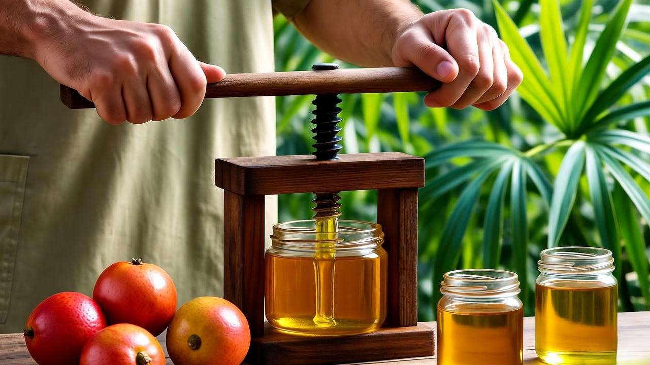 Person extracting batana oil from fruit with jars and plants.