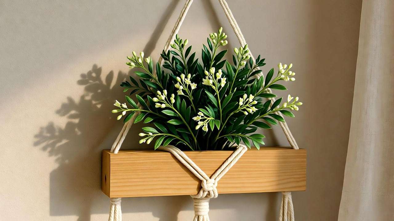 Shingle plant wall-mounted with macrame hanger"