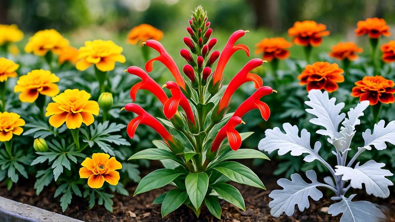 Dragon’s Breath plant in a sunny border with marigolds and dusty miller in a colorful container garden."