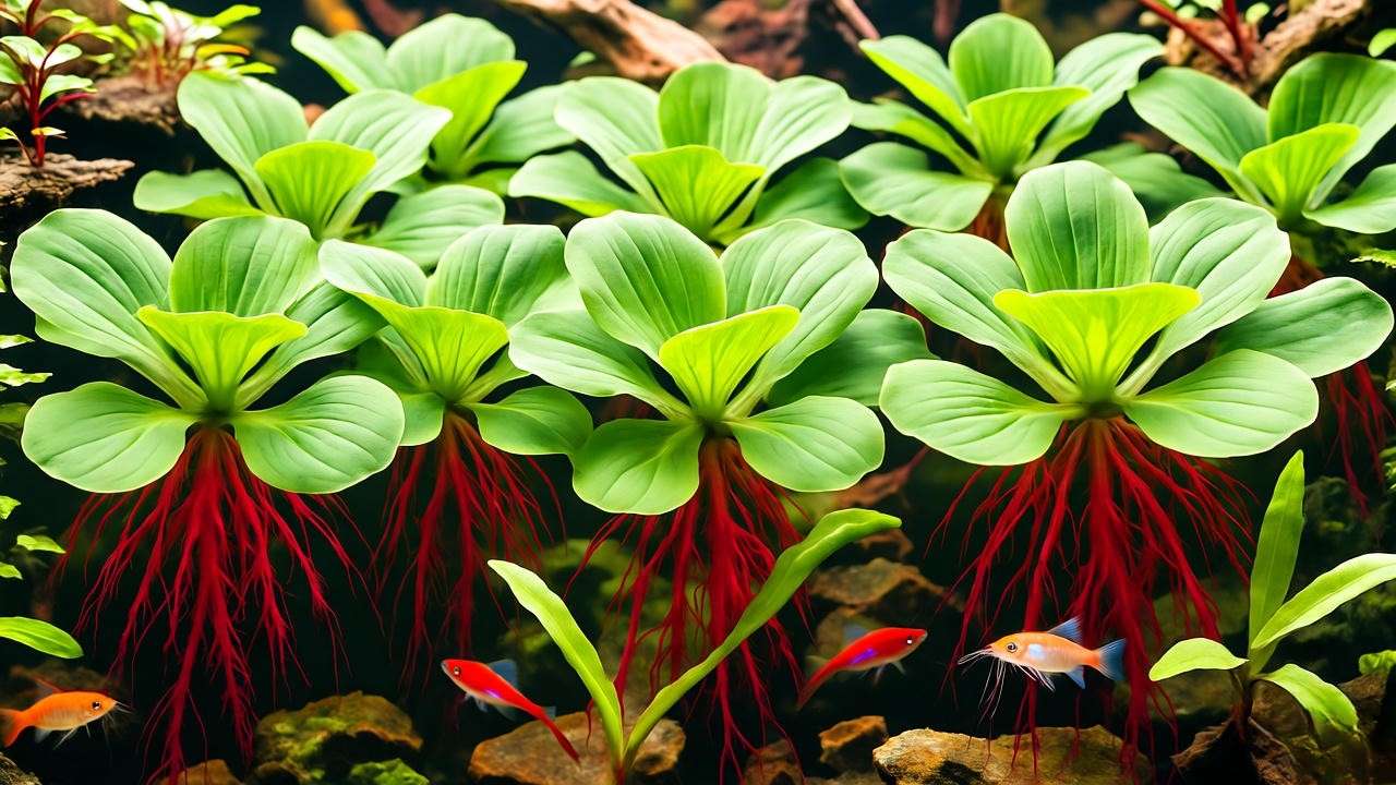 Creative aquarium aquascape with floating aquarium plants like Water Lettuce and Red Root Floater, featuring neon tetras and driftwood.