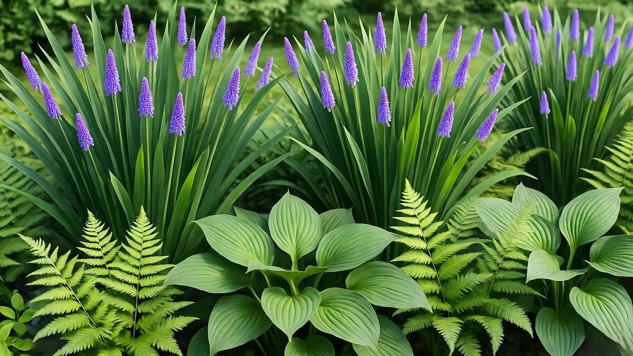 Garden border with Liriope muscari, hostas, and ferns in a textured landscape design.