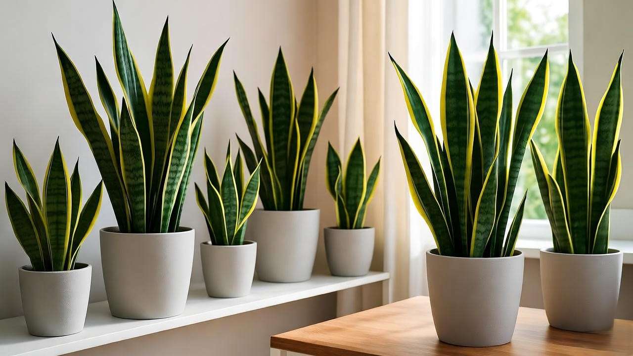 "Decorative arrangement of propagated snake plants in a modern living room with natural light."