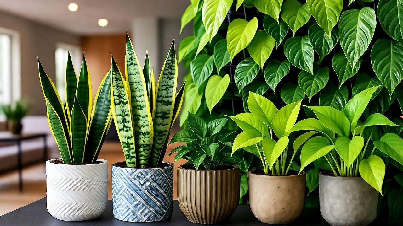 Creative indoor display of grouped snake plants in a vertical garden with pothos".