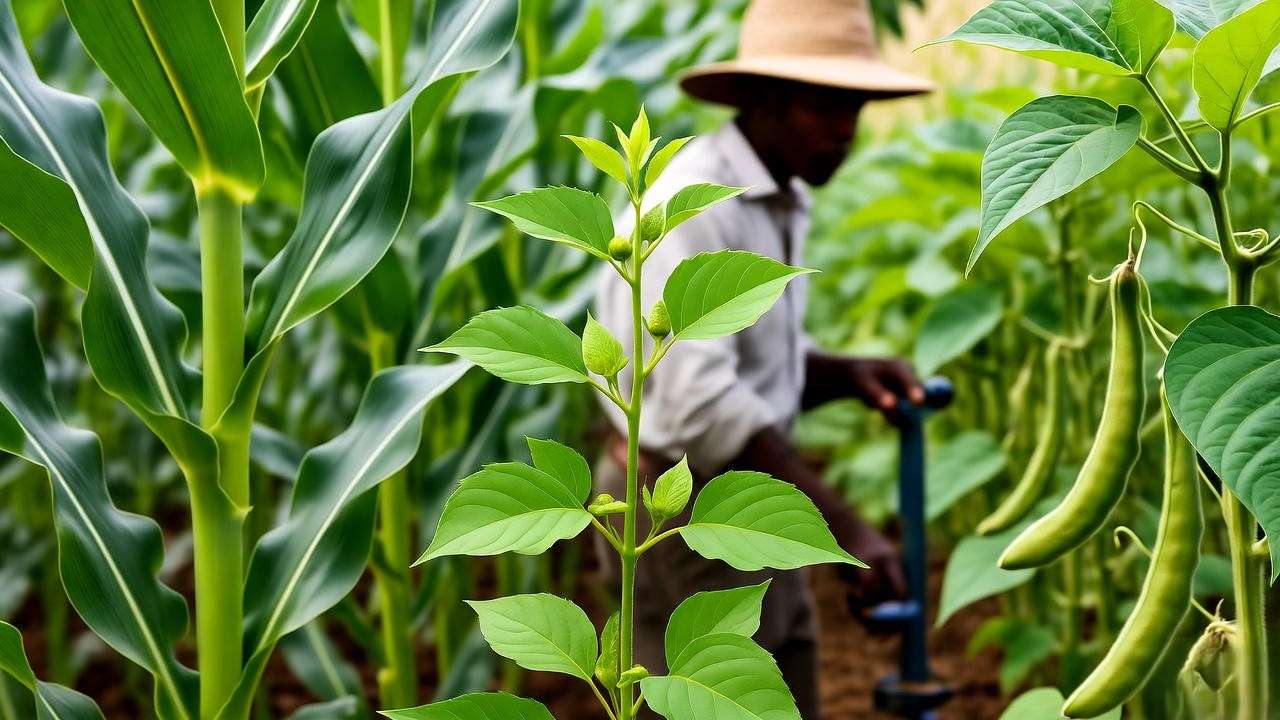 Gingelly plant with corn and beans in crop rotation field, farmer with planter.