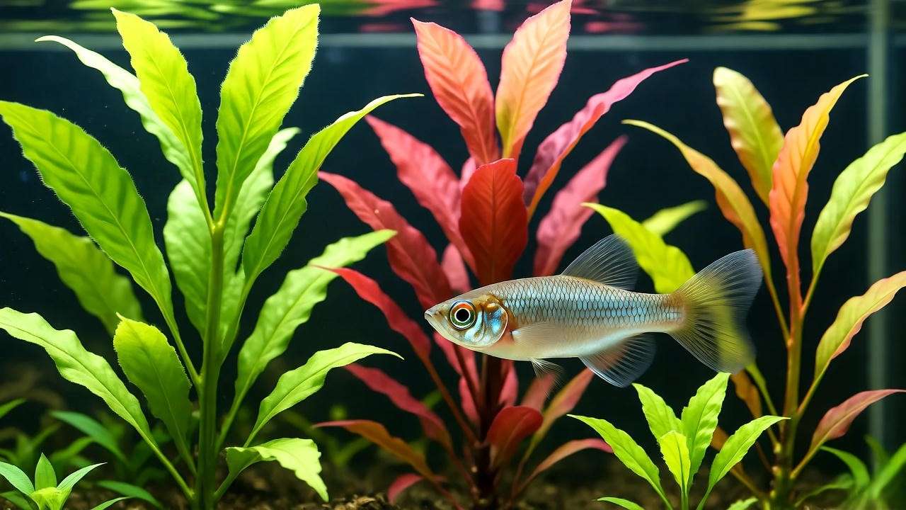 "Green and red Cryptocoryne wendtii with guppy in midground aquarium