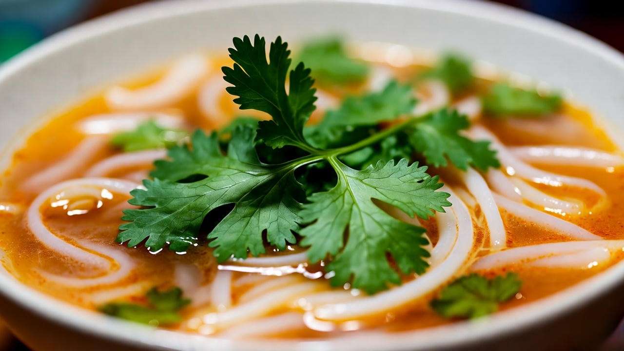 "Plate of phở topped with fresh Vietnamese cilantro leaves for culinary use"