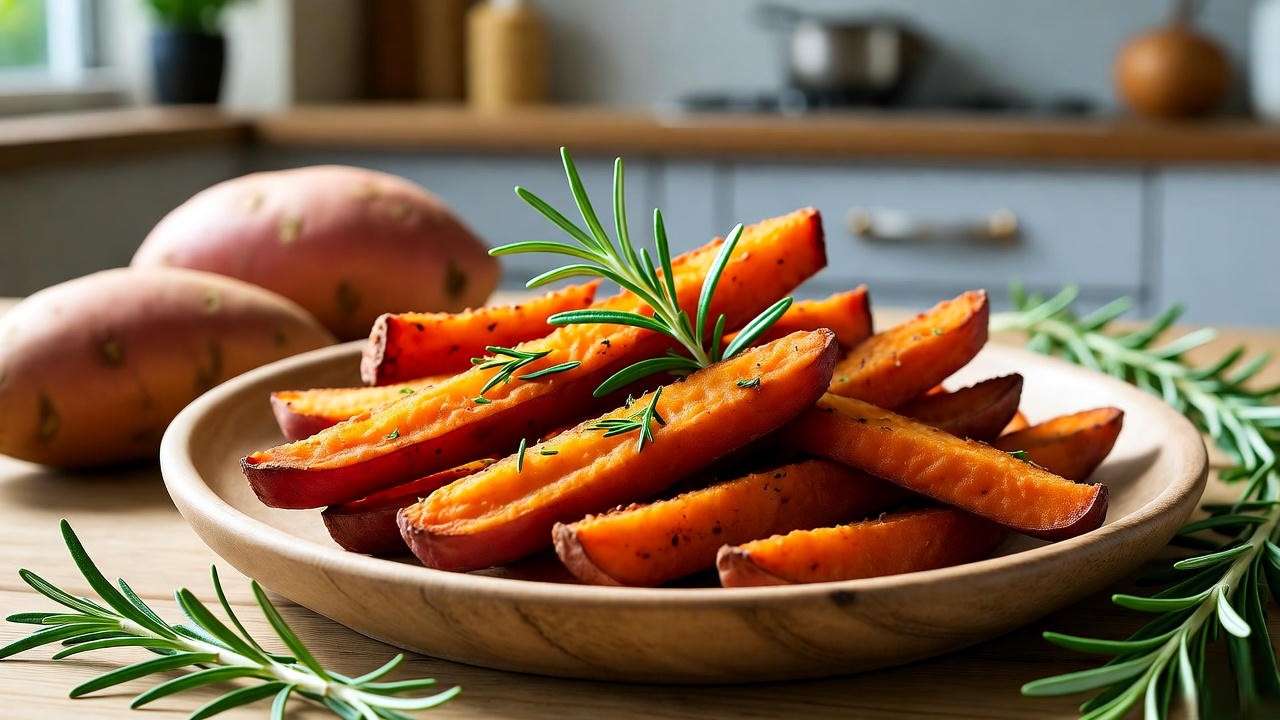 Roasted sweet potato fries garnished with rosemary on a wooden table, surrounded by whole sweet potatoes and green vines.