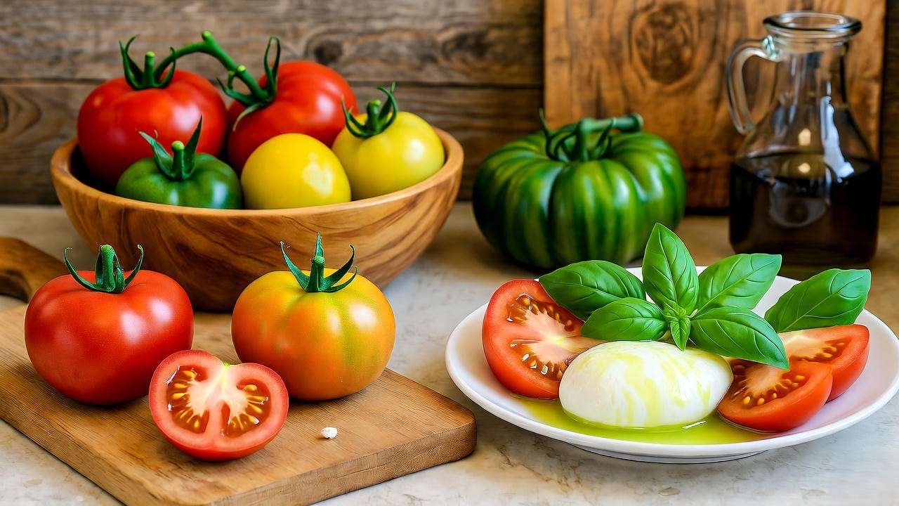 Fresh Heatmaster tomatoes and Caprese salad preparation on a kitchen counter"