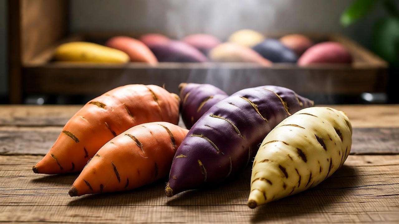 Variety of sweet potato tubers on wooden table with curing setup background".