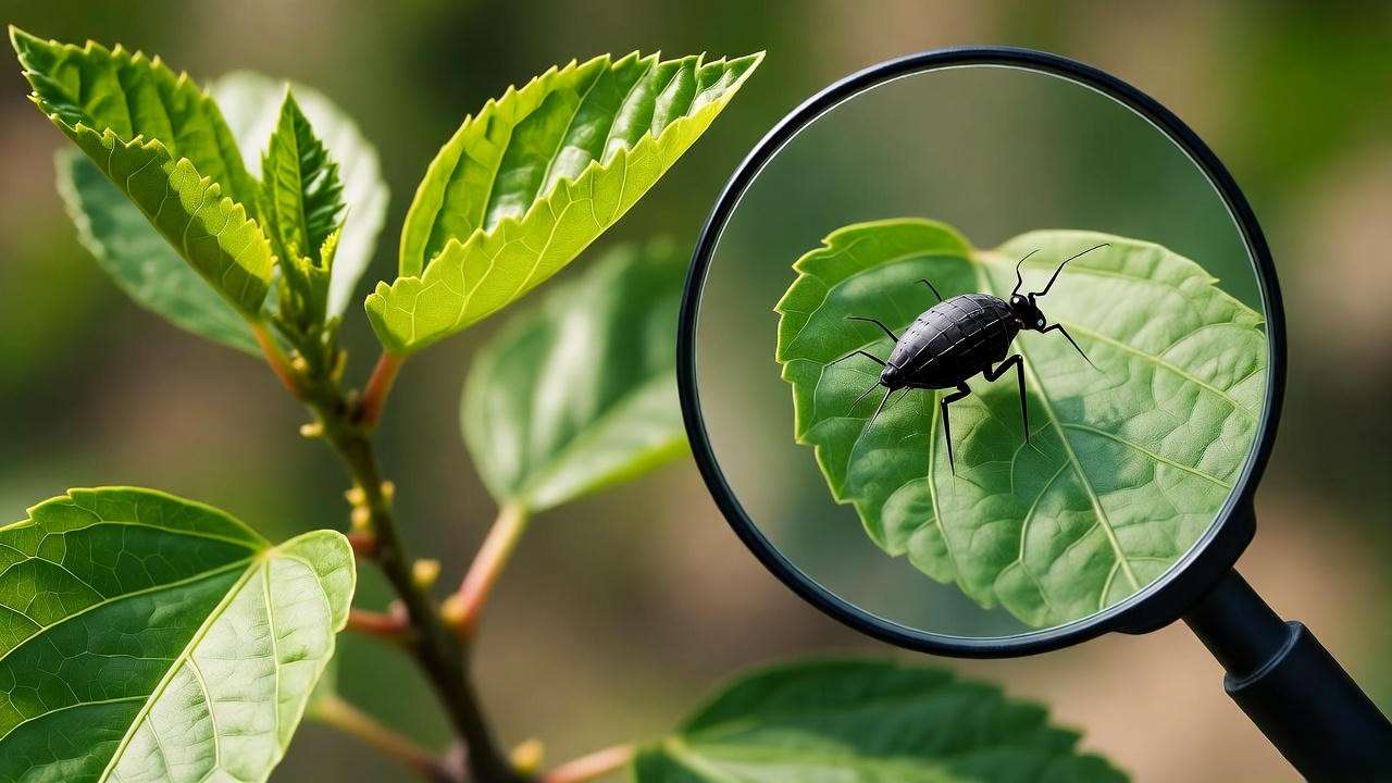 Hibiscus plant with curling leaves and a magnifying glass showing aphids on the leaf."