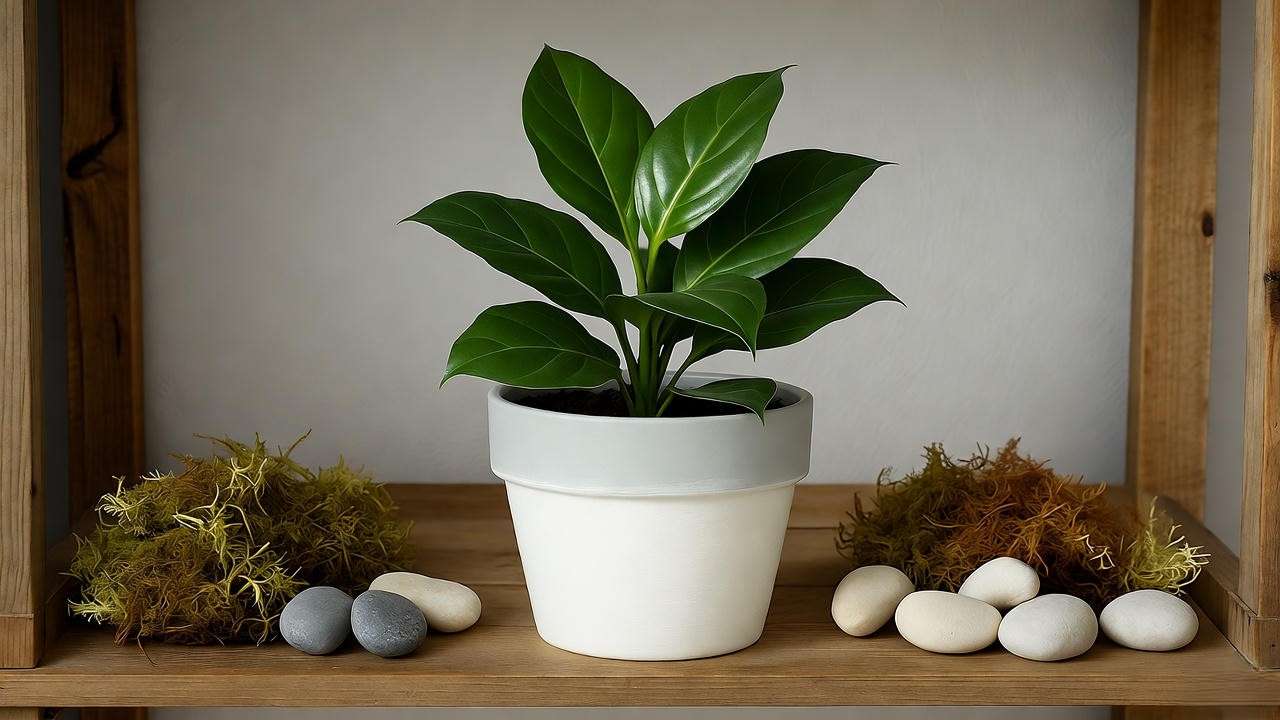 DIY faux ficus plant repotted in painted pot on rustic shelf with natural decor".