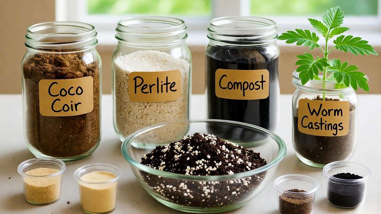 DIY potting mix ingredients for corymbosa plant: coco coir, perlite, compost, worm castings