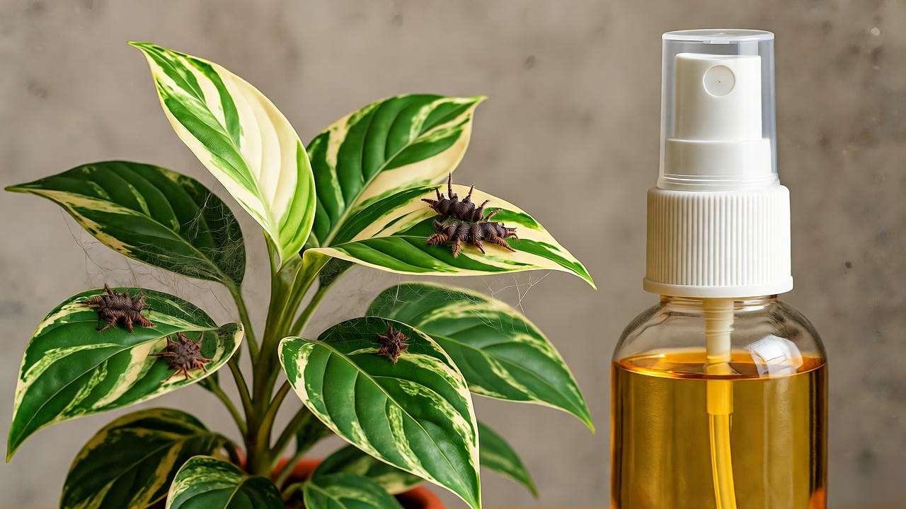 Black pagoda lipstick plant with spider mite damage and neem oil spray".