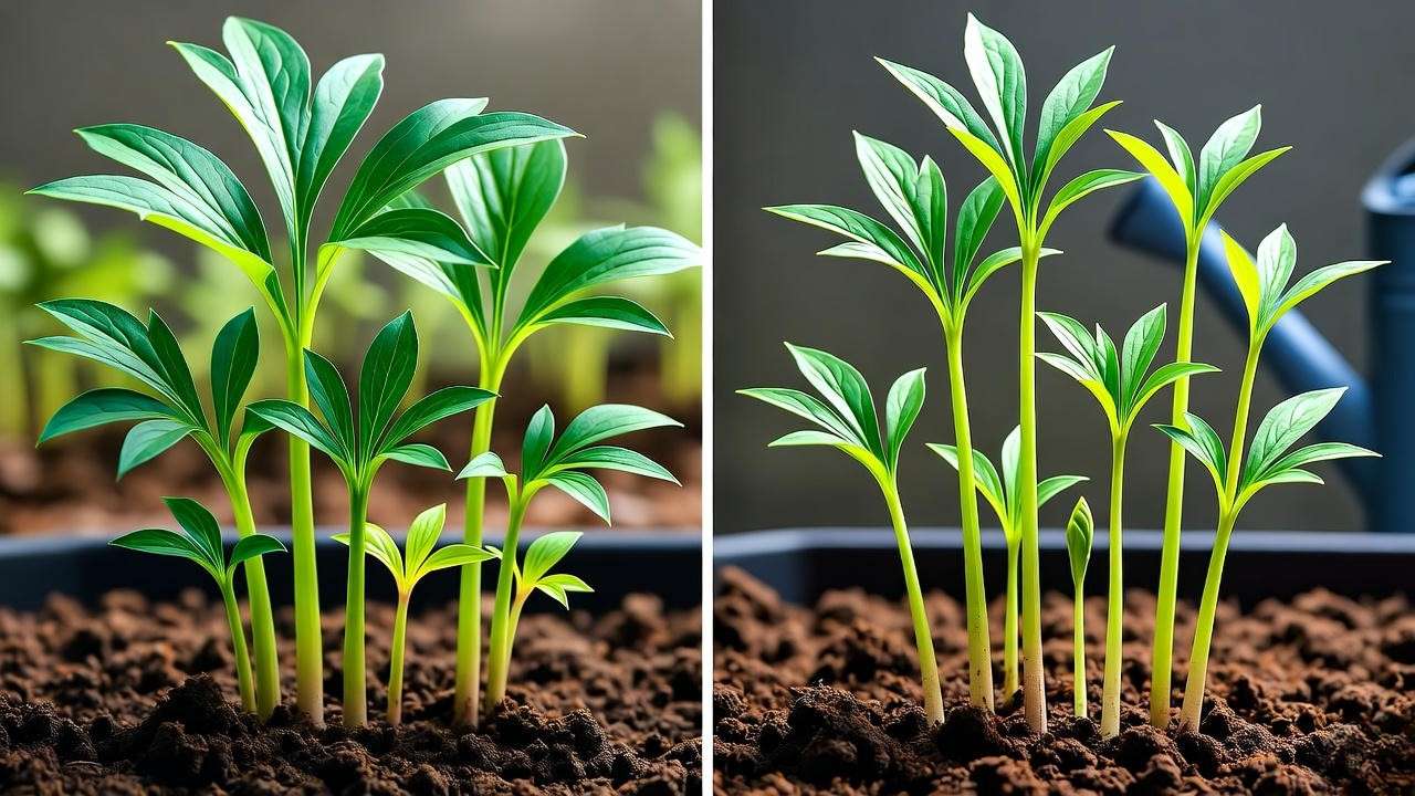 Healthy vs weak peony seedlings under grow lights with soil and watering can".