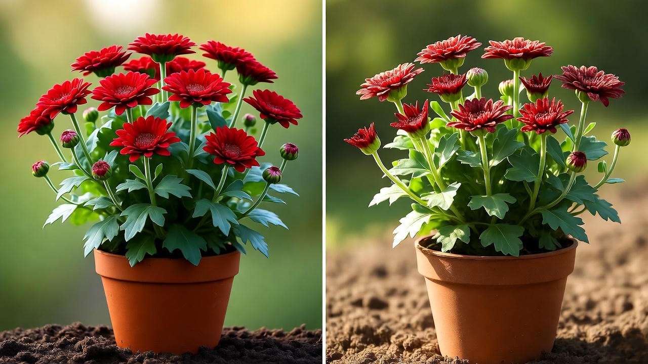 Comparison of a drooping, unhealthy red mum plant next to a vibrant, healthy one, demonstrating signs of distress