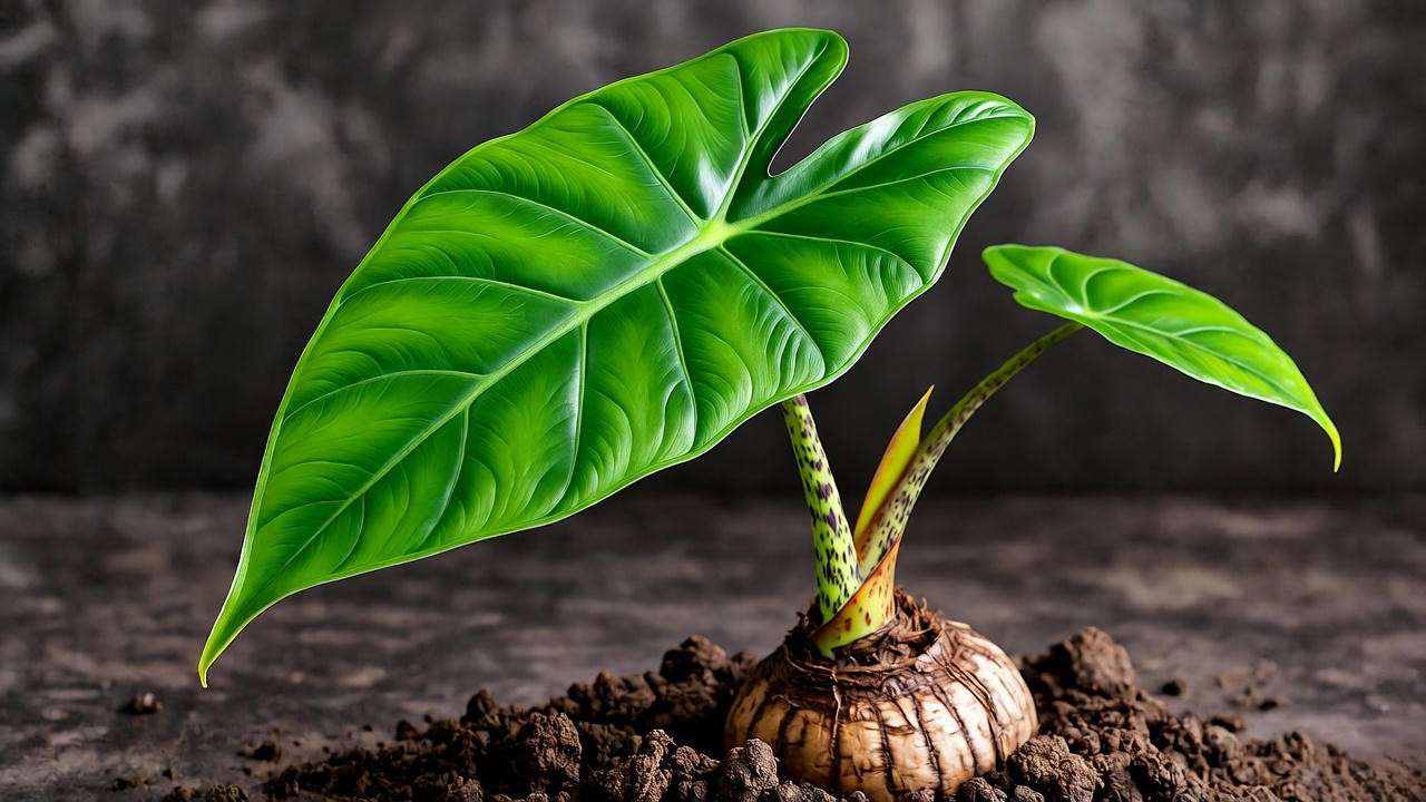 Alocasia Stingray Plant leaf and corm, showing unique stingray tail shape and mottled stem for easy identification and Stingray Plant Care reference.