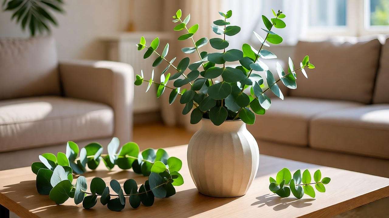 Elegant indoor decor with a eucalyptus plant centerpiece and wreath."