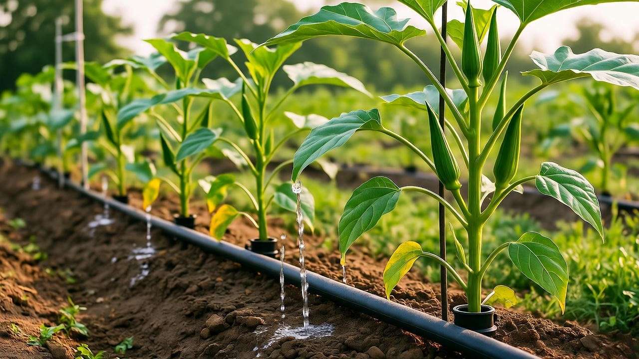 Drip irrigation system watering full grown okra plants