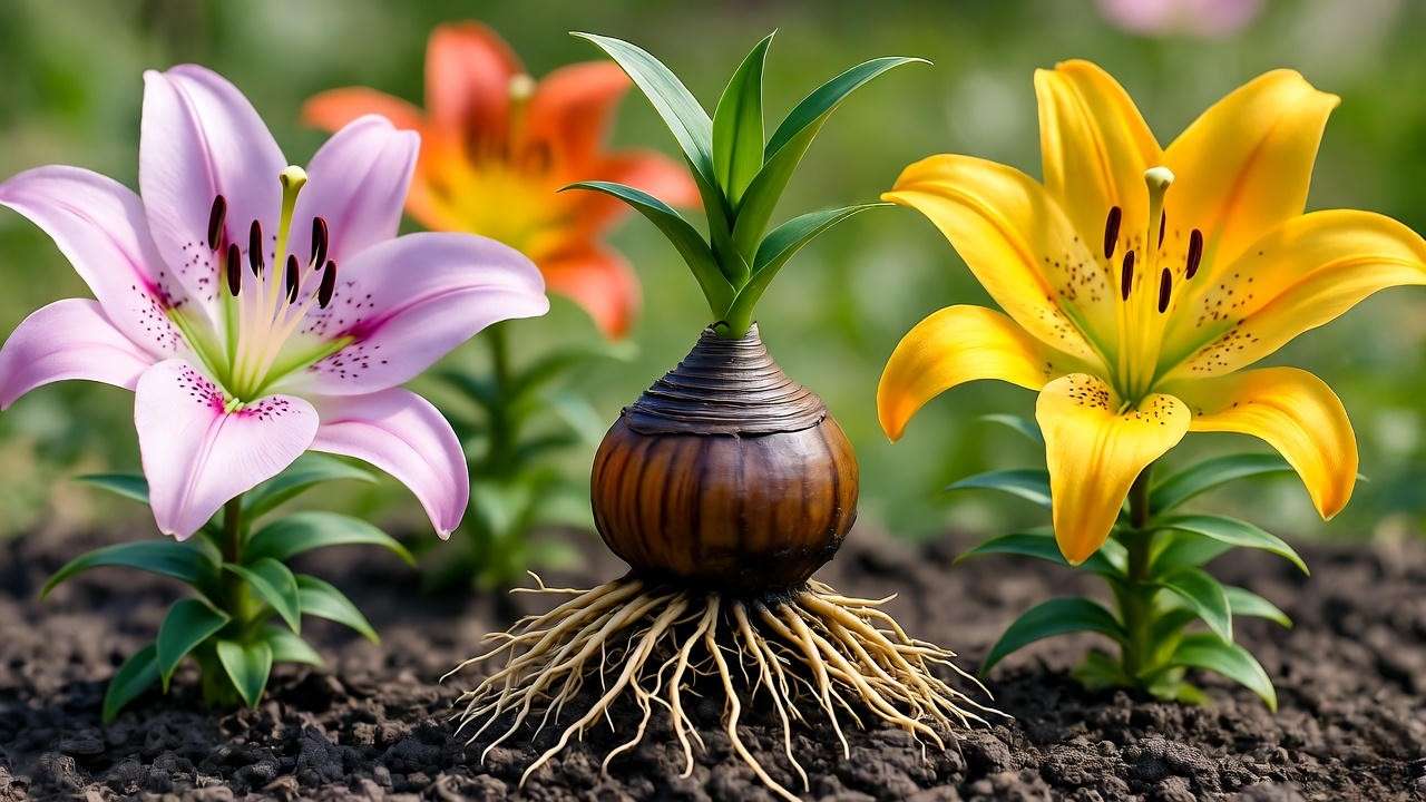 Close-up of a lily tree bulb with roots in soil surrounded by vibrant lily flowers."