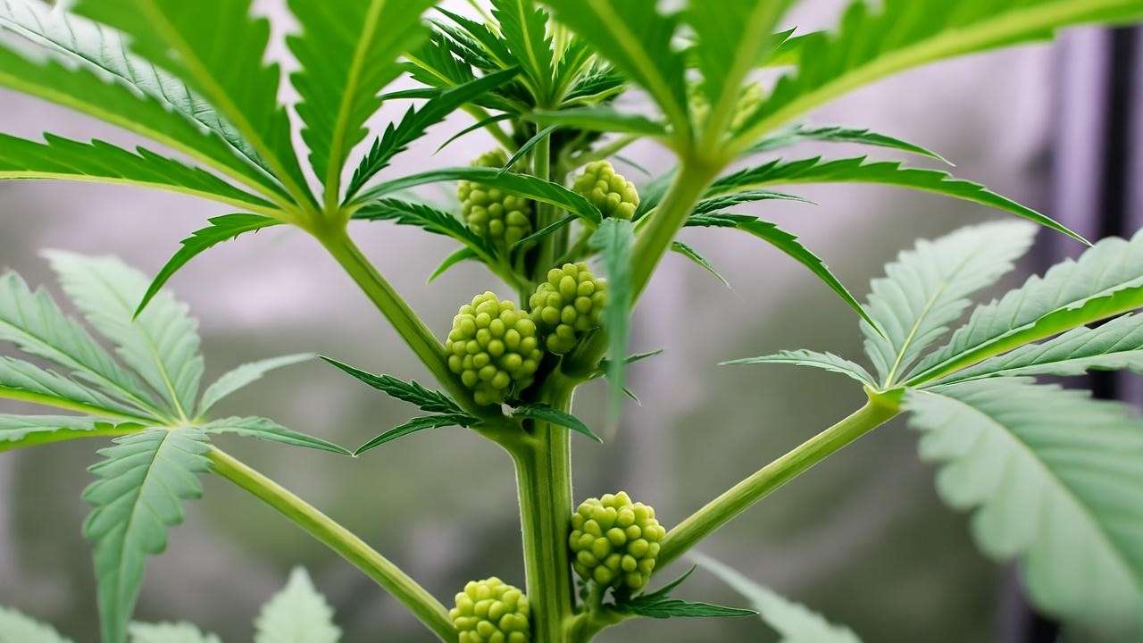 "Close-up of a male cannabis plant with pollen sacs in a grow tent"