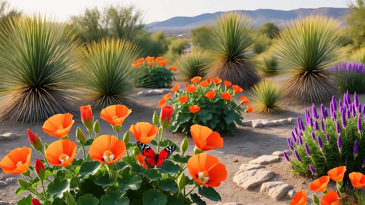 Xeriscape garden with desert mallow plants, yucca, and a butterfly in a sunny desert landscape."