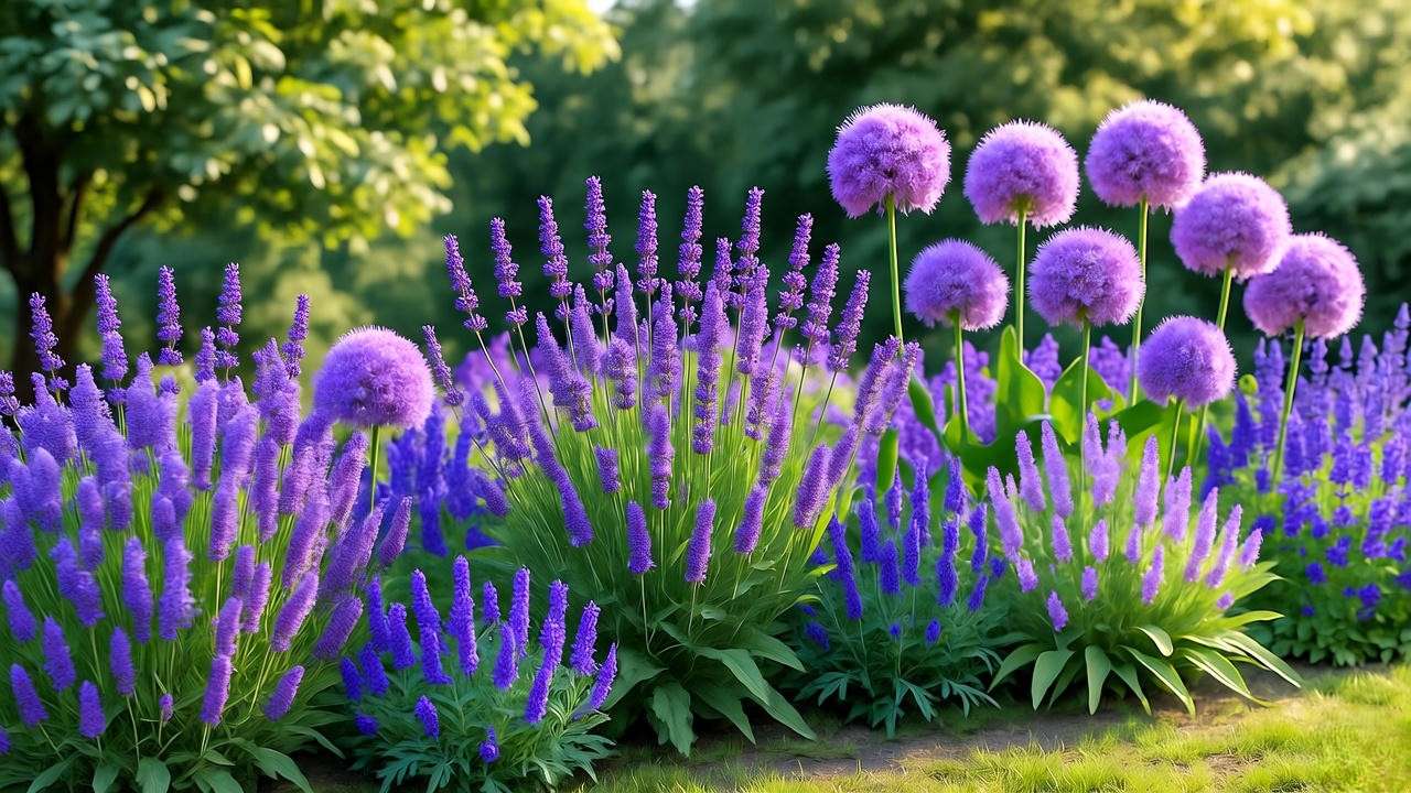 Purple-themed garden border with lavender, salvia, and alliums".