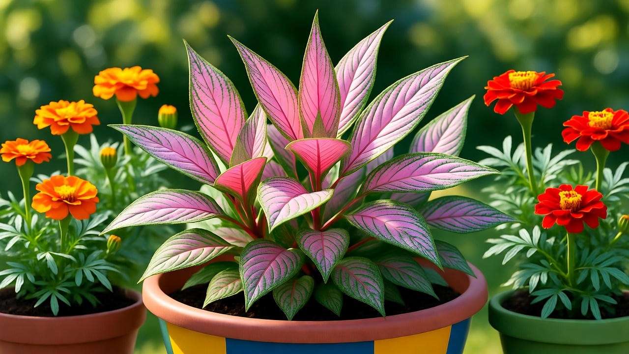 Dragon breath plant in a container with marigolds and zinnias on a sunny patio'