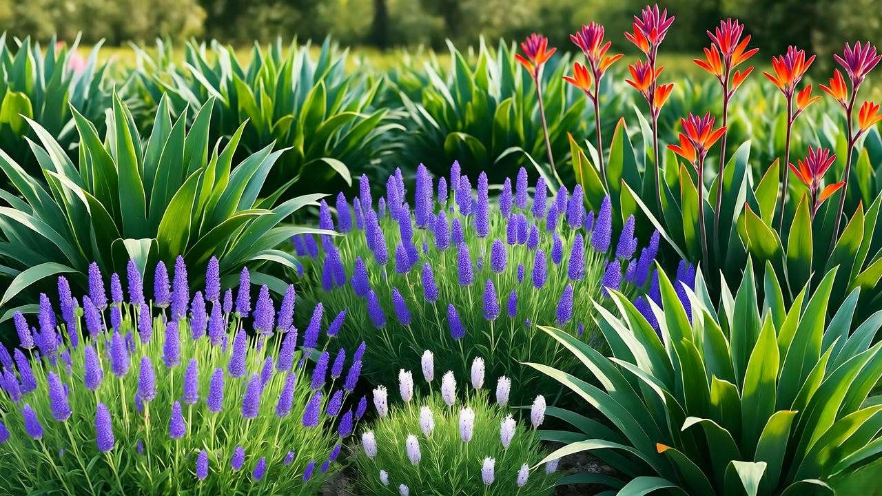 Garden with flax lilies as ground cover alongside lavender and kangaroo paw.
