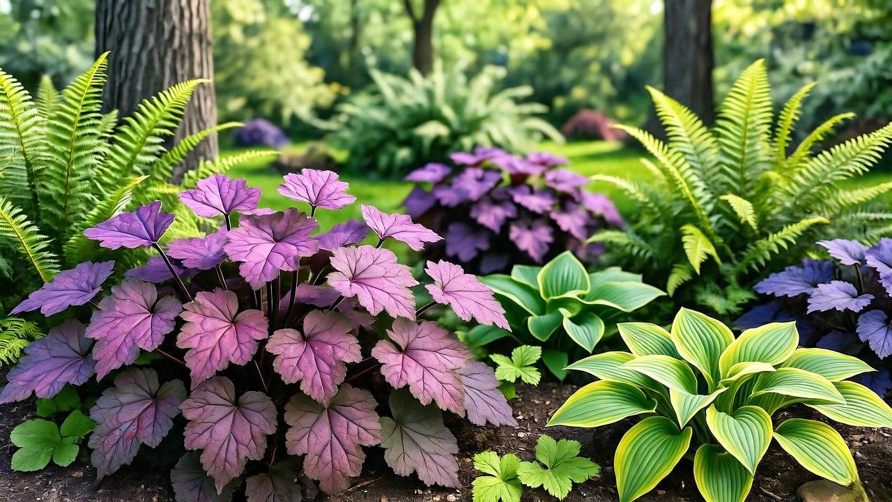 Shade garden with Palace Purple Heuchera and companion plants like hostas".