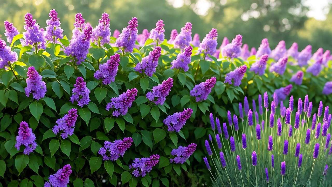 Persian lilac hedge with lavender in a beautifully designed garden."