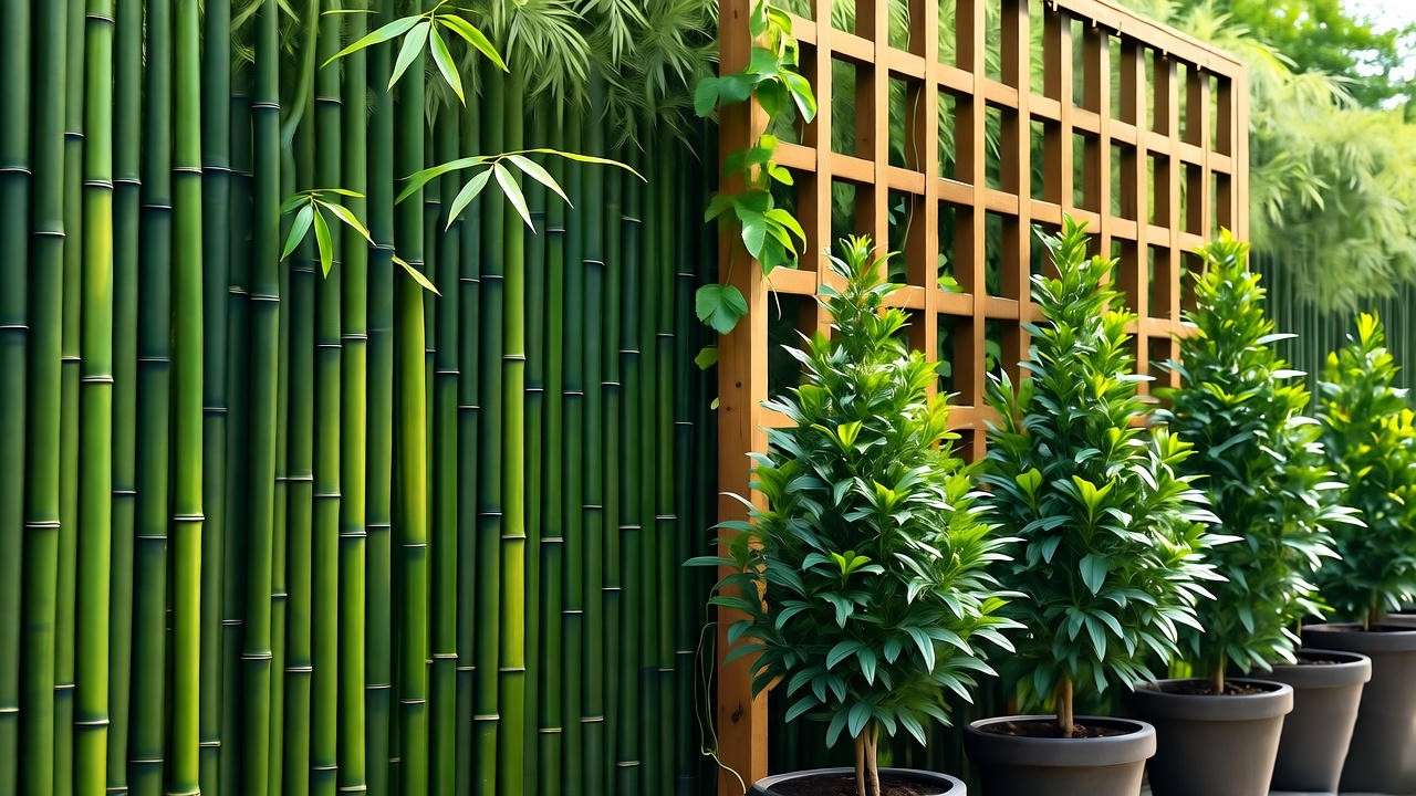 Modern urban garden with bamboo screen and trellis with potted sky pencil holly".