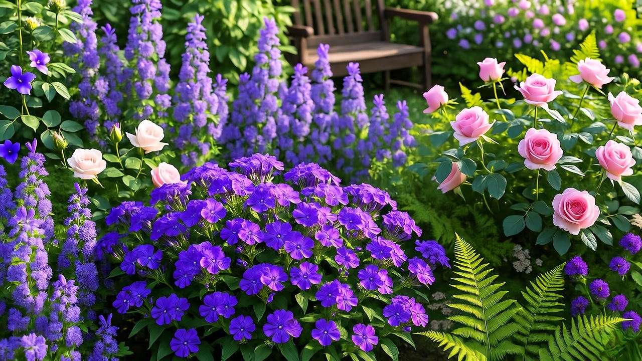Cottage garden with purple phlox and bellflowers paired with roses and ferns, featuring a rustic bench.
