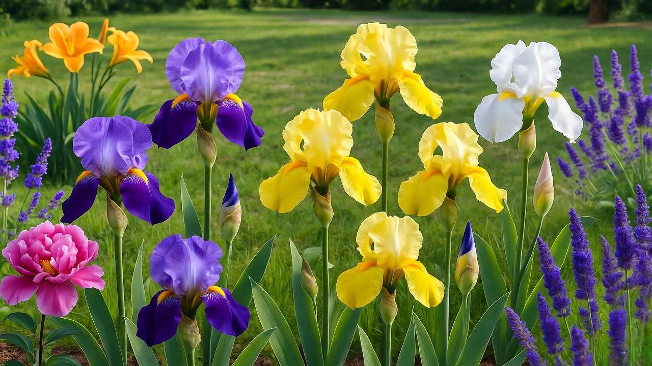 Garden layout with irises and companion plants like peonies, daylilies, and lavender under natural sunlight.
