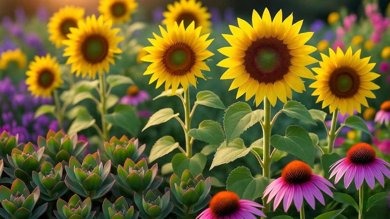 Designed garden with sunflowers, sedum, and coneflowers attracting pollinators in full sunshine."