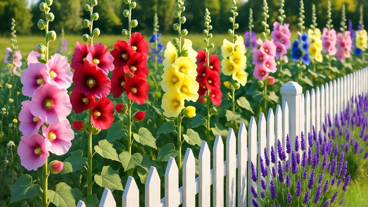 Hollyhocks in various colors along picket fence with lavender".