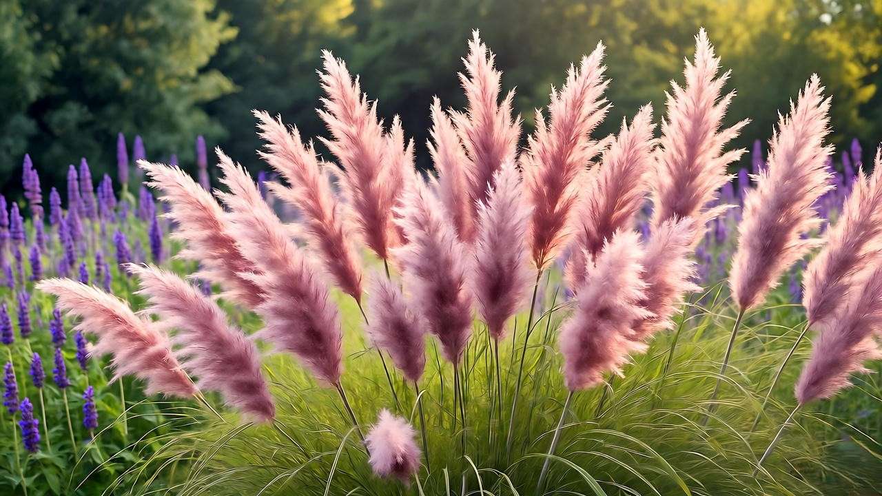 Pink pampas grass privacy screen with lavender and salvia in a sunny garden."