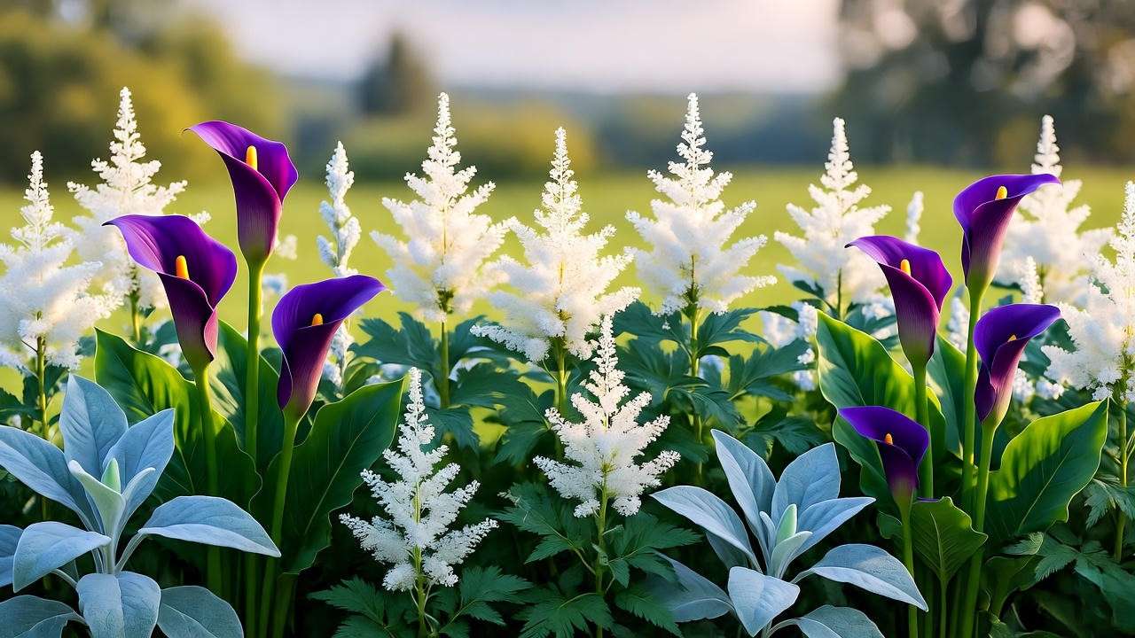 "Garden border with purple calla lilies paired with white astilbes and silvery lamb’s ear in a lush landscape."