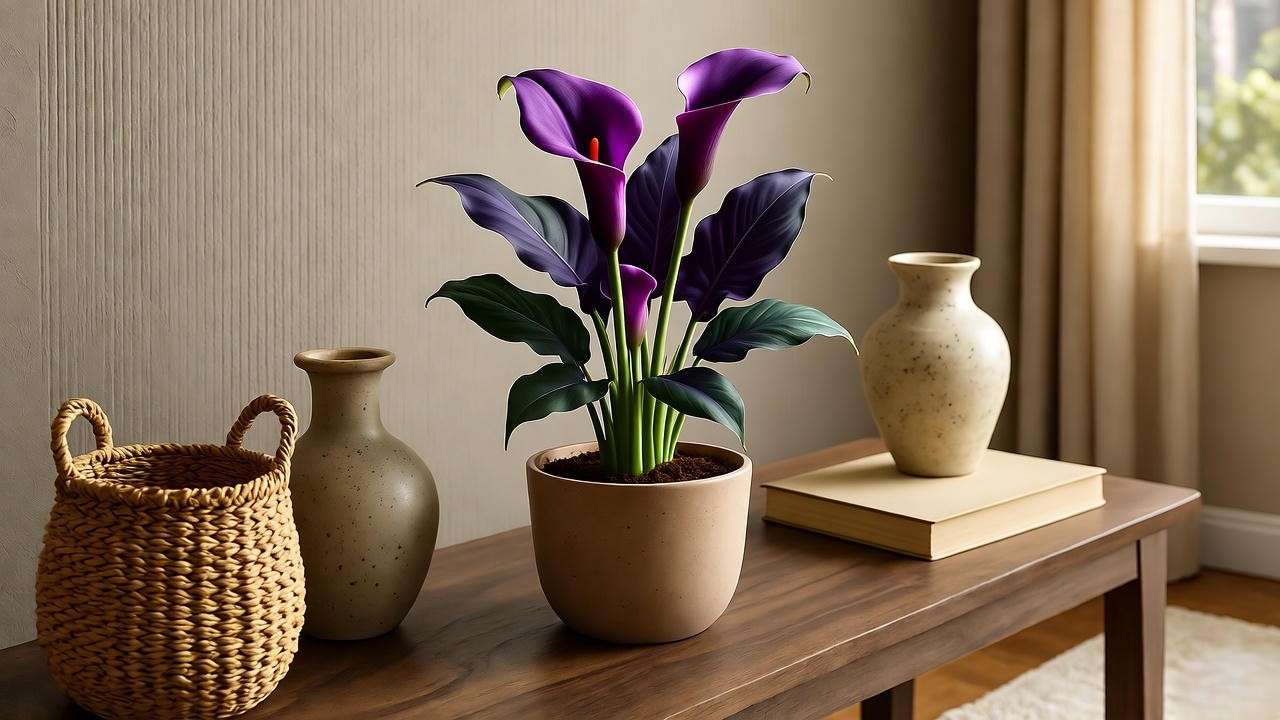 "Indoor setup with a potted purple calla lily on a console table with neutral decor and filtered light."